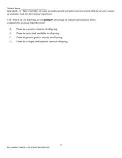 Student Name: ____________________________
Standard: 10 - Give examples of ways in which genetic variation and environmental