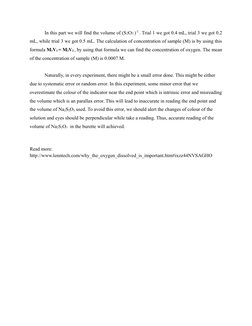 In this part we will find the volume of (S2O3 )-2 . Trial 1 we got 0.4 mL, trial 3 we got 0.2
mL, while trial 3 we got 0.5 mL