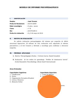MODELO DE INFORME PSICOPEDAGÓGICO
I.
IDENTIFICACIÓN
Nombre
: José Vicente 
Fecha de Nacimiento
: 20/07/2009
Edad cronológica