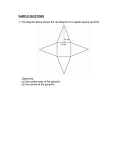 SAMPLE QUESTIONS 
 
1. The diagram below shows the net diagram of a regular square pyramid. 
 
     Determine 
(a) the surfac