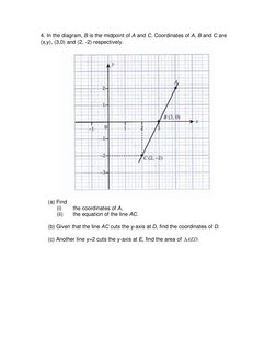4. In the diagram, B is the midpoint of A and C. Coordinates of A, B and C are 
(x,y), (3,0) and (2, -2) respectively.