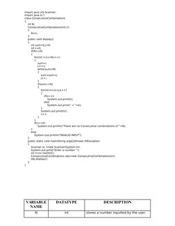 import java.util.Scanner;
import java.io.*;
class ConsecutiveCombinations
{
    int N;
    ConsecutiveCombinations(int n)