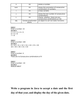 n
int
stores a number.
sum
int
stores the summation of consecutive 
combination of numbers.
i
int
a loop variable. 
j
int
sto