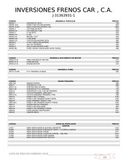 10
INVERSIONES FRENOS CAR , C.A.
J-31363931-1
CODIGO
ARANDELA  PUNTA EJE  
PRECIO
AR/PE-1
CHEVROLET 55/70
195
AR/PE-10-E
FORD
