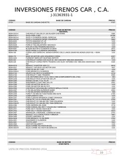 10
INVERSIONES FRENOS CAR , C.A.
J-31363931-1
CODIGO
BASE DE CARDAN 
PRECIO
21101
BASE DE CARDAN CHEVETTE
4197
CODIGO
BASE DE