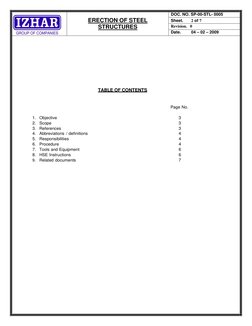 ERECTION OF STEEL 
STRUCTURES 
DOC. NO. SP-00-STL- 0005 
Sheet.       2 of 7 
Revision.   0 
Date.         04 – 02 – 2009