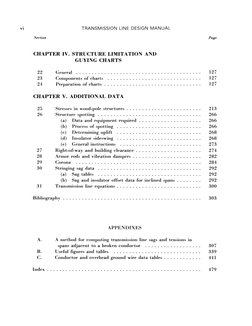 TRANSMISSION LINE DESIGN MANUAL 
Section 
Page 
CHAPTER IV. STRUCTURE LIMITATION AND 
GUYING CHARTS 
22 
General 
127 
23 
Co