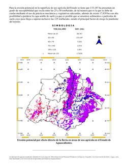 Para la erosión potencial en la superficie de uso agrícola del Estado se tiene que 133,187 ha presentan un 
grado de suscepti