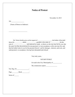 Notice of Protest
November 14, 2015
TO: _________________
    (Name of Drawer or Indorser) 
_________________________
Sir: No