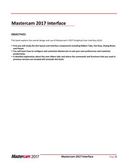 Mastercam 2017 Interface
Page|3
OBJECTIVES
This book explains the overall design and use of Mastercam’s 2017 Graphical User I