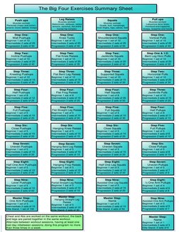 The Big Four Exercises Summary Sheet
Push ups
Muscles worked:
Pectorals (major and minor), 
anterior (front) deltoid, triceps