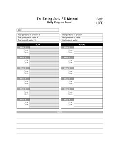 The Eating-for-LIFE Method
Daily Progress Report
Meal 1
Meal 2
Meal 3
Meal 4
Meal 5
Meal 6
PLAN
ACTUAL
Date:
Total portions o
