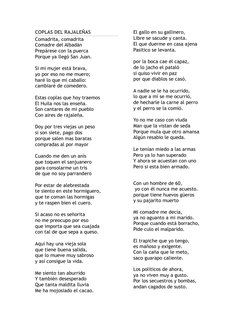 COPLAS DEL RAJALEÑAS
Comadrita, comadrita
Comadre del Albadán
Prepárese con la puerca
Porque ya llegó San Juan.
Si mi mujer e