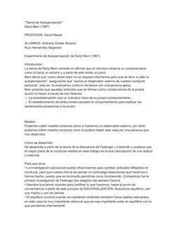 “Teoría de Autopercepción”
Daryl Bem (1967)
PROFESOR: David Reyes
ALUMNOS: Andrade Cortés Rosario
Ruiz Hernández Alejandro
Ex