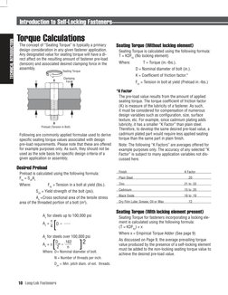 Long-Lok Fasteners
10
Torque Calculations
The concept of “Seating Torque” is typically a primary 
design consideration in any