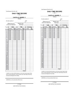 Civil Service Form No. 48
DAILY TIME RECORD
-----o0o-----
CASTILLO, MARIEL Y.
 (Name)
For the month of 
JUN
E
Official hours