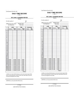 Civil Service Form No. 48
DAILY TIME RECORD
-----o0o-----
DE LUNA, LEANDRO REYES
 (Name)
For the month of 
MA
Y
Official hour