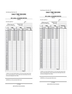 Civil Service Form No. 48
DAILY TIME RECORD
-----o0o-----
DE LUNA, LEANDRO REYES
 (Name)
For the month of 
JUN
E
Official hou