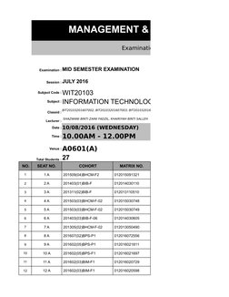 MANAGEMENT & SCIENCE UNIVER
Examination Attendance List
MID SEMESTER EXAMINATION
JULY 2016
INFORMATION TECHNOLOGY FOR BUSINES