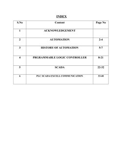 INDEX
S.No
Content
Page No
1
ACKNOWLEDGEMENT
2
AUTOMATION
2-4
3
HISTORY OF AUTOMATION
5-7
4
PRGRAMMABLE LOGIC CONTROLLER
8-21