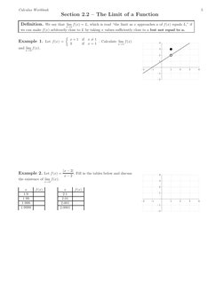 Calculus Workbook
5
Section 2.2 – The Limit of a Function
Deﬁnition. We say that lim
x→a f(x) = L, which is read “the limit a