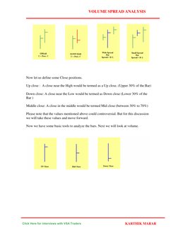 VOLUME SPREAD ANALYSIS 
Now let us define some Close positions. 
Up close :  A close near the High would be termed as a Up cl