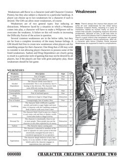 000010
CHARACTER CREATION |CHAPTER TWO
 Weaknesses add flavor to a character (and add Character Creation 
Points), but they a