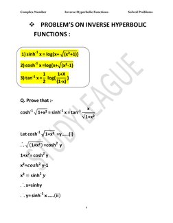 Complex Number  
Inverse Hyperbolic Functions 
Solved Problems 
1 
 
 PROBLEM’S ON INVERSE HYPERBOLIC 
FUNCTIONS :  
 
 1) s