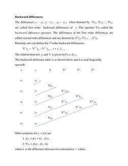 Backward differences: 
The differences y1 – y0, y2 – y1,…,yn – yn-1  when denoted by  y1, y2,…, yn,     
are called first