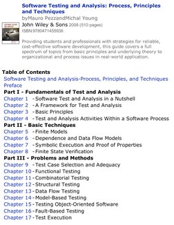 Software Testing and Analysis: Process, Principles
and Techniques
byMauro PezzandMichal Young
John Wiley & Sons 2008 (510 pag