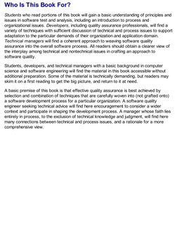 Who Is This Book For?
Students who read portions of this book will gain a basic understanding of principles and
issues in sof