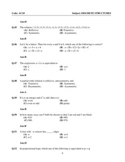 9
Code: AC10
Subject: DISCRETE STRUCTURES
Ans:D
Q.45
The relation { (1,2), (1,3), (3,1), (1,1)