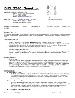 http://hictsci211gene.blogspot.com/
BIOL 3200: Genetics 
INSTRUCTOR: Dr. Amy Abdulovic-Cui
Office: Science Hall Room W2007
Ph