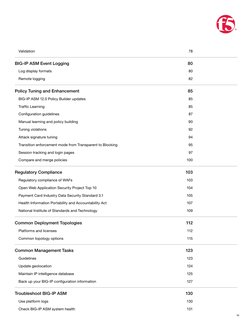 iv
Validation	
78
BIG-IP ASM Event Logging	
80
Log display formats	
80
Remote logging	
82
Policy Tuning and Enhancement	
85
B