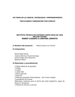 XIV FERIA DE LA CIENCIA, TECNOLOGÍA Y EMPRENDIMIENTO
“RECICLANDO E INNOVACIÓN CON CIENCIA”
INSTITUTO TÉCNICO EN SISTEMAS SANT
