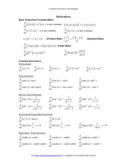 Common Derivatives and Integrals 
Visit http://tutorial.math.lamar.edu (http://tutorial.math.lamar.edu) for a complete set of
