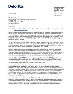 April 17, 2014
Ms. Cheryl Stockert
North Dakota Public Employees Retirement System
P.O. Box 1657
400 E. Broadwa