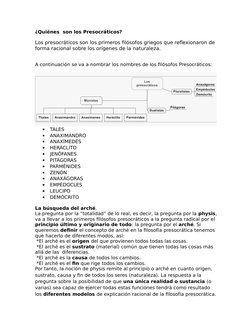 ¿Quiénes  son los Presocráticos?
Los presocráticos son los primeros filósofos griegos que reflexionaron de 
forma racional so