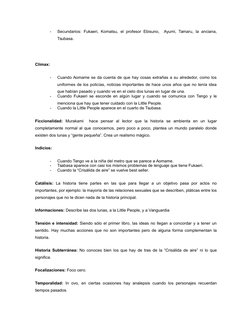 -
Secundarios: Fukaeri,  Komatsu, el profesor Ebisuno,  Ayumi, Tamaru, la anciana,
Tsubasa. 
Clímax: 
-
Cuando Aomame se da c