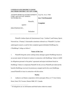 UNITED STATES DISTRICT COURT 
SOUTHERN DISTRICT OF NEW YORK 
 
ANTHEM SPORTS & ENTERTAINMENT 
CORP. and FANTASY SPORTS 
NETWO