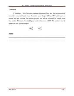 EC110 ELECTRONICS ENGINEERING WORKSHOP 
 
Dept Of ECE 
Page 7 
 
Transistors:  
 It is basically a Si or Ge crystal containin