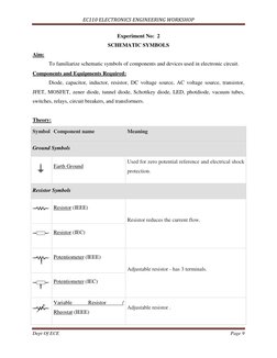 EC110 ELECTRONICS ENGINEERING WORKSHOP 
 
Dept Of ECE 
Page 9 
 
Experiment No:  2 
SCHEMATIC SYMBOLS 
Aim: 
To familiarize s