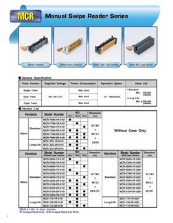 4
MCR
MCR
Manual Swipe Reader Series
Manual Swipe Reader Series
■ General  Specification
Power  Consumption
Max. 2mA
Max. 4mA
