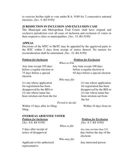 to exercise his/her right to vote under R.A. 9189 for 2 consecutive national 
elections. [Sec. 9, RA 9189] 
 
JURISDICTION IN