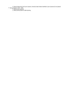 Review tabled items from prior sessions, interview stake holders identified in prior sessions but not planed
Review Session
