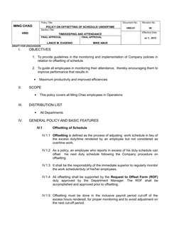 MING CHAO
           
             HRD
Policy Title
POLICY ON OFFSETTING OF SCHEDULE/ UNDERTIME
Document No.
HRD.01
Revision