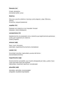 Fámulos (m)
Criado, doméstico.
[sirviente] [señor, amo]
Diatriva
Discurso o escrito violento e injurioso contra alguien o alg