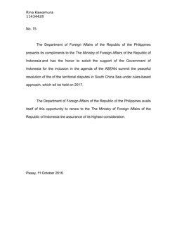 Rina Kawamura
11434428
No. 15
The  Department  of Foreign  Affairs of  the  Republic of  the  Philippines
presents its compli