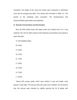 computed. The length of the roots and shoots were measured in millimeters
(mm) and its average was taken. The results were re