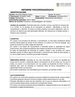 INFORME PSICOPEDAGÓGICO
IDENTIFICACIÓN
Nombre: Antonella Salgado Castro
Curso: 5to básico 
F. Nacimiento: 20 febrero ,2004
Ed